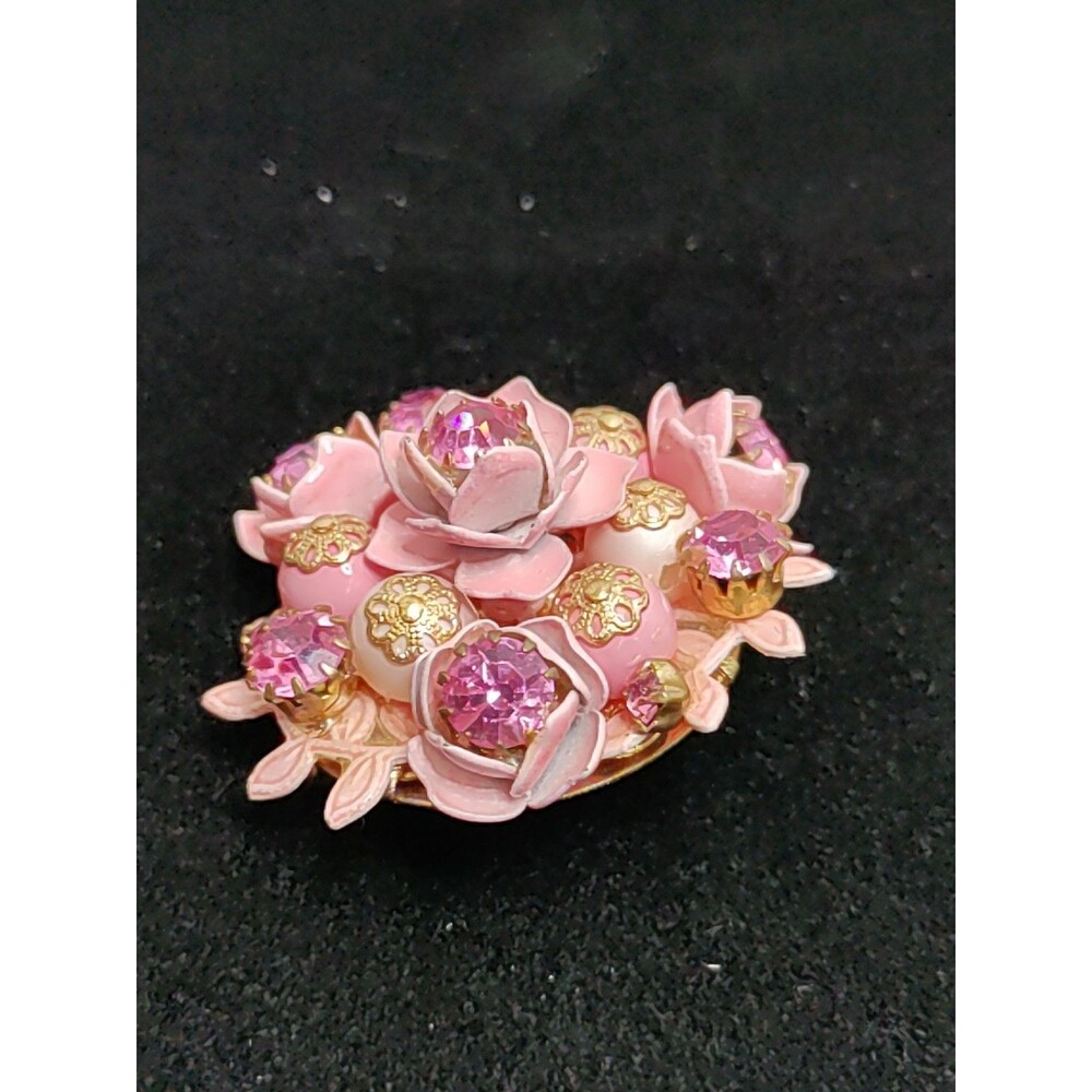 Miriam Haskell Pink & Gold Flower Brooch 41.5 MM Wired - Picture 2 of 3